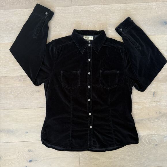 Eddie Bauer Black Snap Front Velour Top Women's Tall M Shirt Cotton Heavyweight - Picture 1 of 10